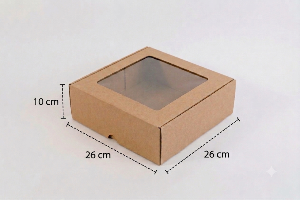 Paquete de 12 Cajas con ventana de acetato 26x26x10 cm.