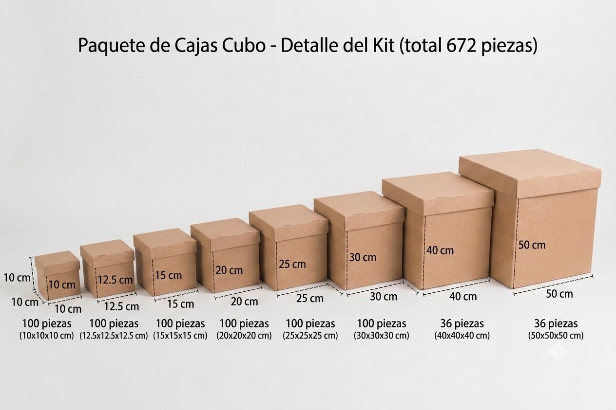 Paquete de 672 Cajas Cubo en Varias medidas.