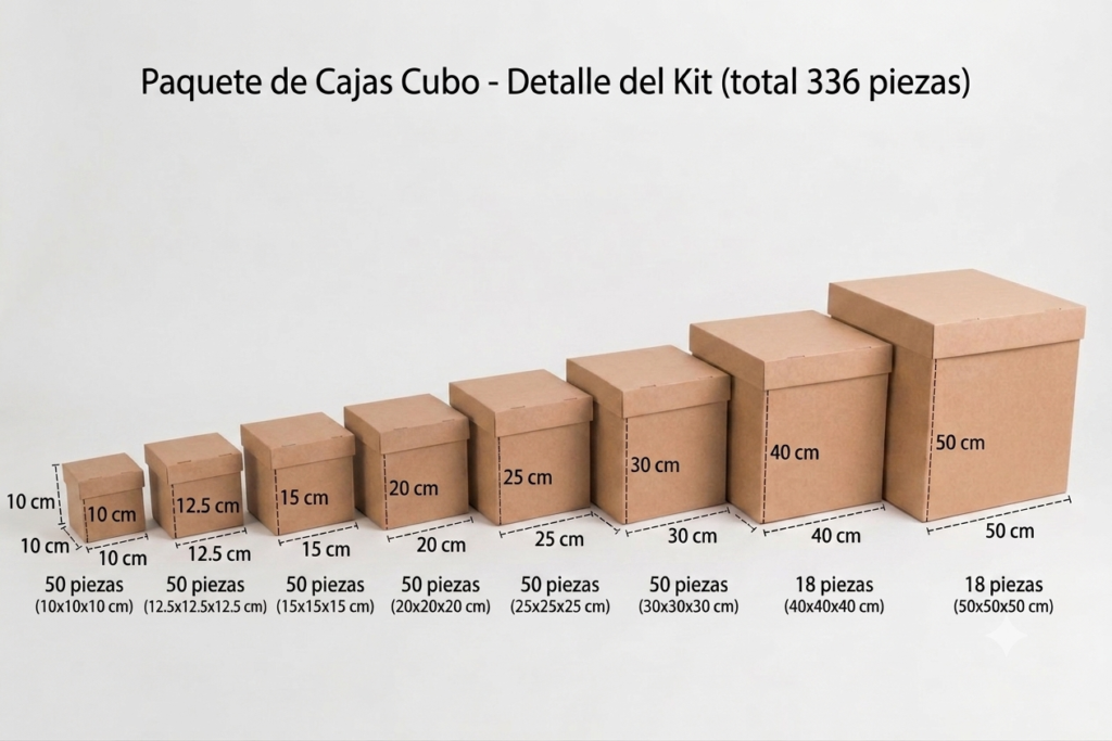 Paquete de 336 Cajas Cubo en Varias medidas.