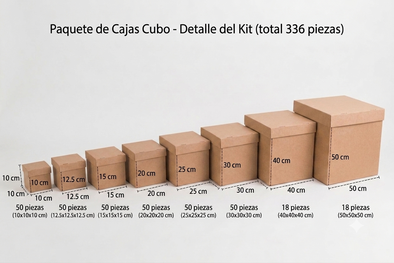 Paquete de 336 Cajas Cubo en Varias medidas.