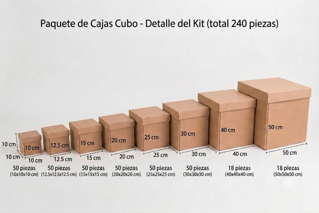 Paquete de 240 Cajas Cubo en Varias medidas.