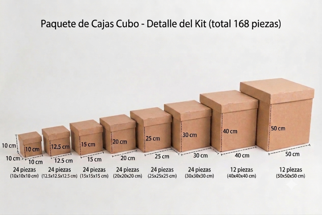 Paquete de 168 Cajas Cubo en Varias medidas.