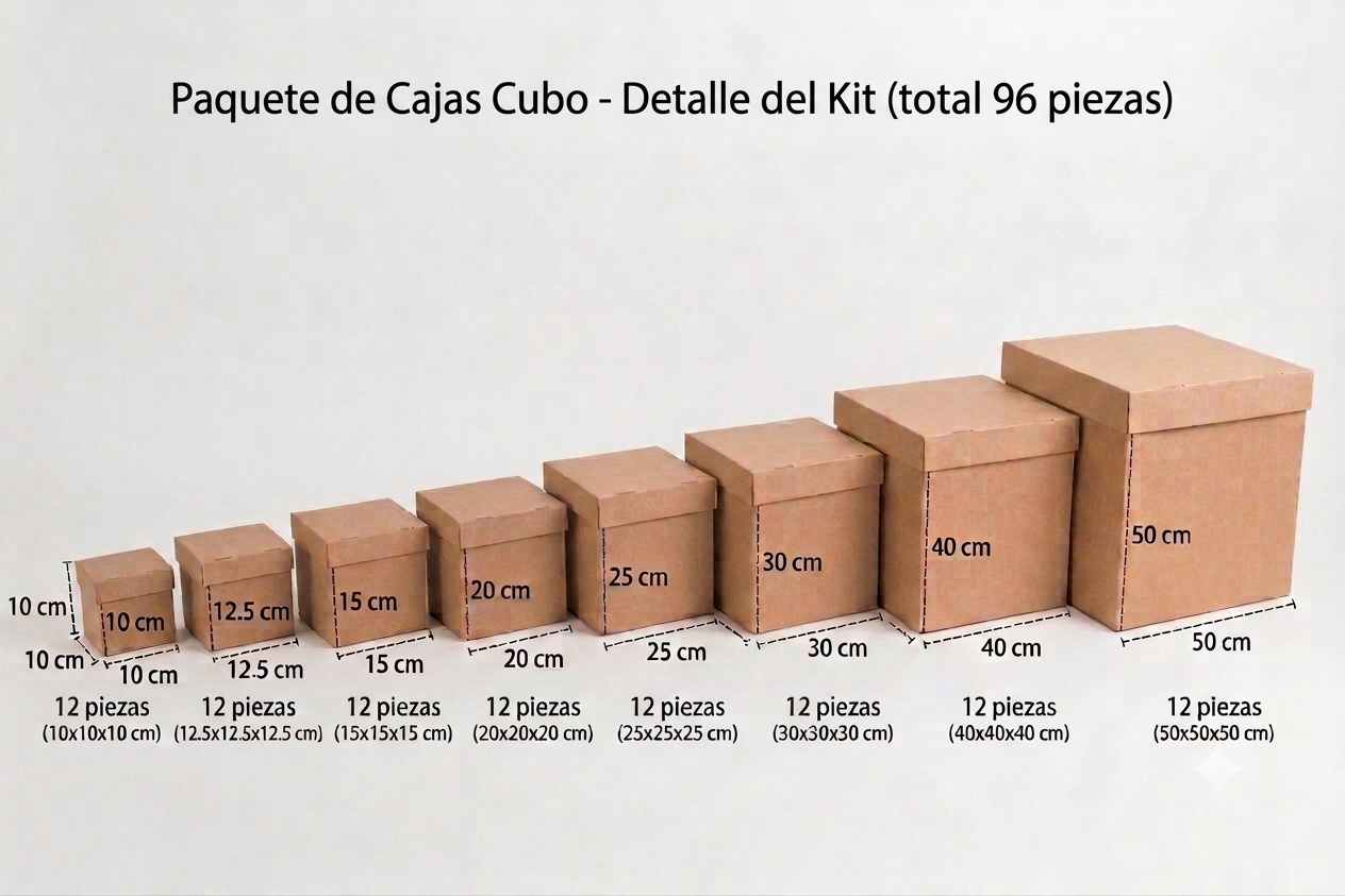 Paquete de 96 Cajas Cubo en Varias medidas.